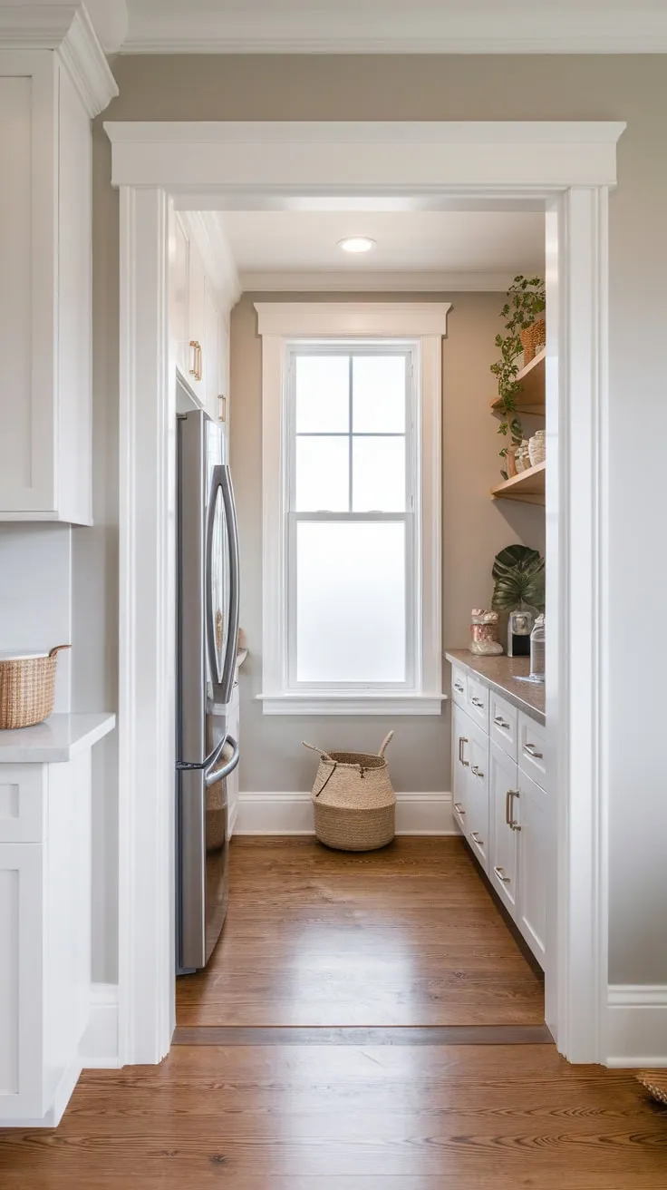 Sunlight streams into a well-designed pantry featuring a fridge, white cabinets, and a charming window, creating a bright and functional space.