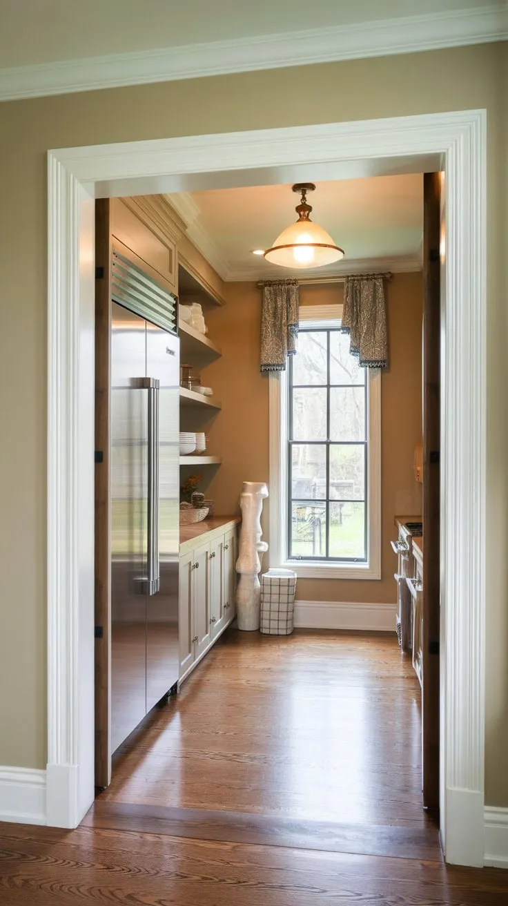 Sunlight streams into a stylish butler's pantry featuring a large fridge, wood floors, and a charming garden view through a windowed pocket door.