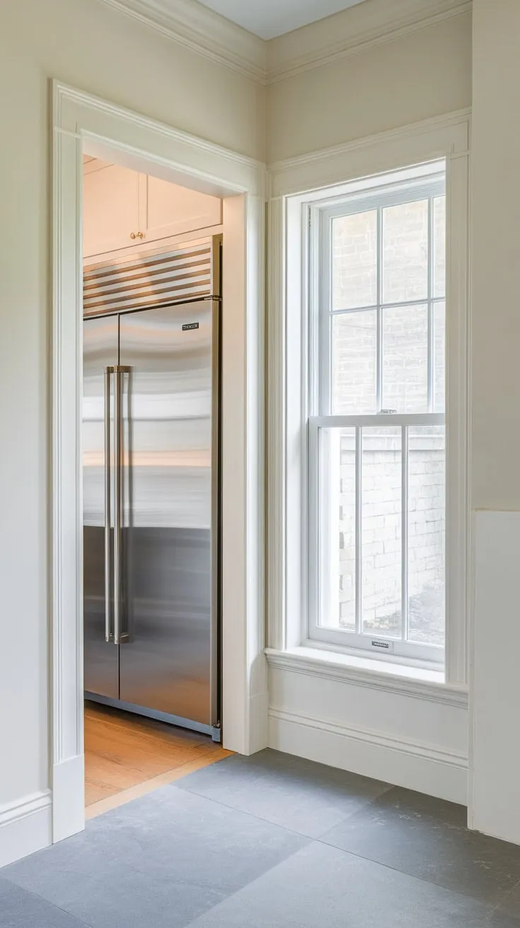 A bright, stylish pantry boasts a window, large fridge, pocket door, and gray tile floor, perfectly complementing the kitchen.