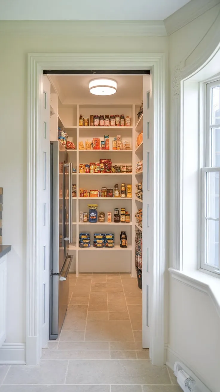 A well-lit, white-walled pantry featuring a window and convenient pocket door provides ample storage space for a new home's kitchen.