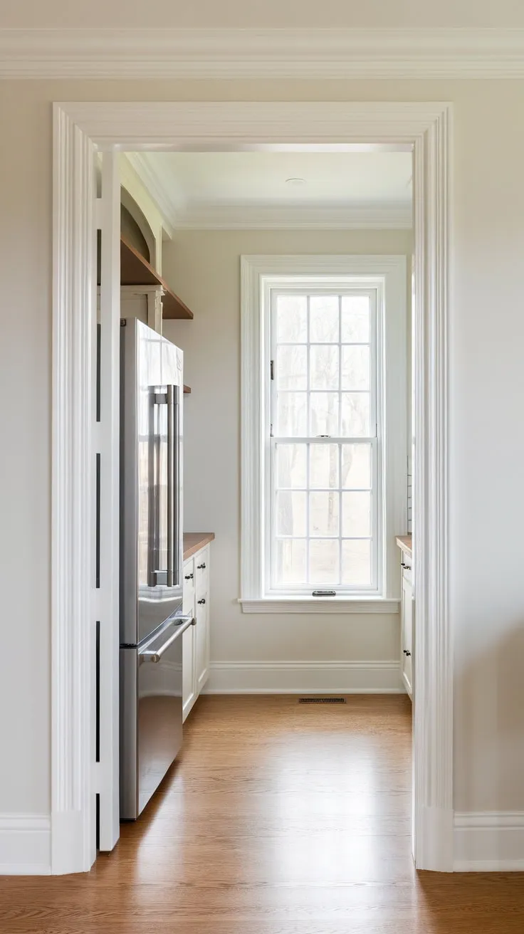 A bright, white butler's pantry with a gridded window, wood floors, and a built-in fridge offers airy, clean storage adjacent to the kitchen.