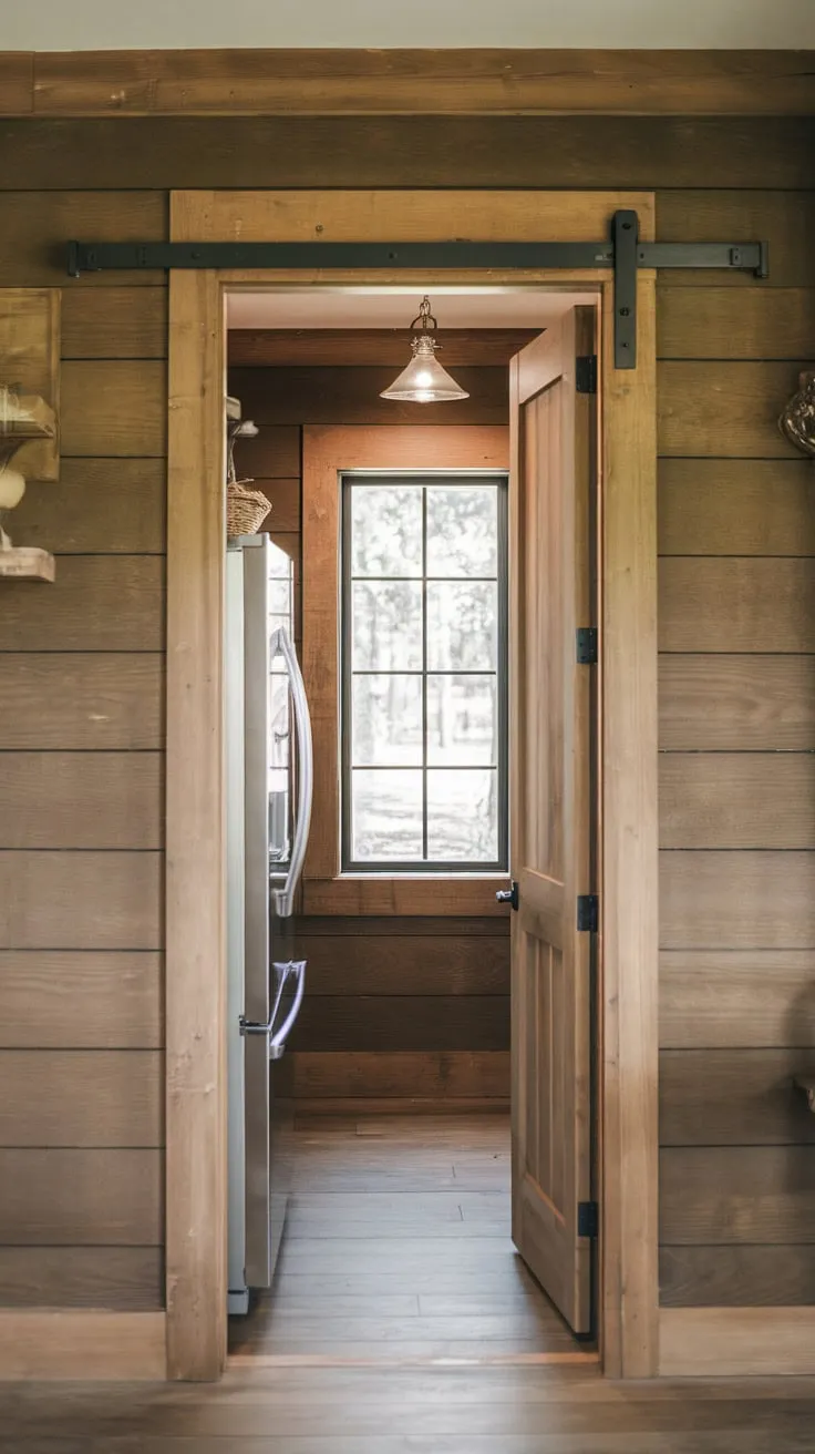 Sunlight streams into a charming new pantry featuring a wood-paneled interior, a spacious refrigerator, and a convenient pocket door.