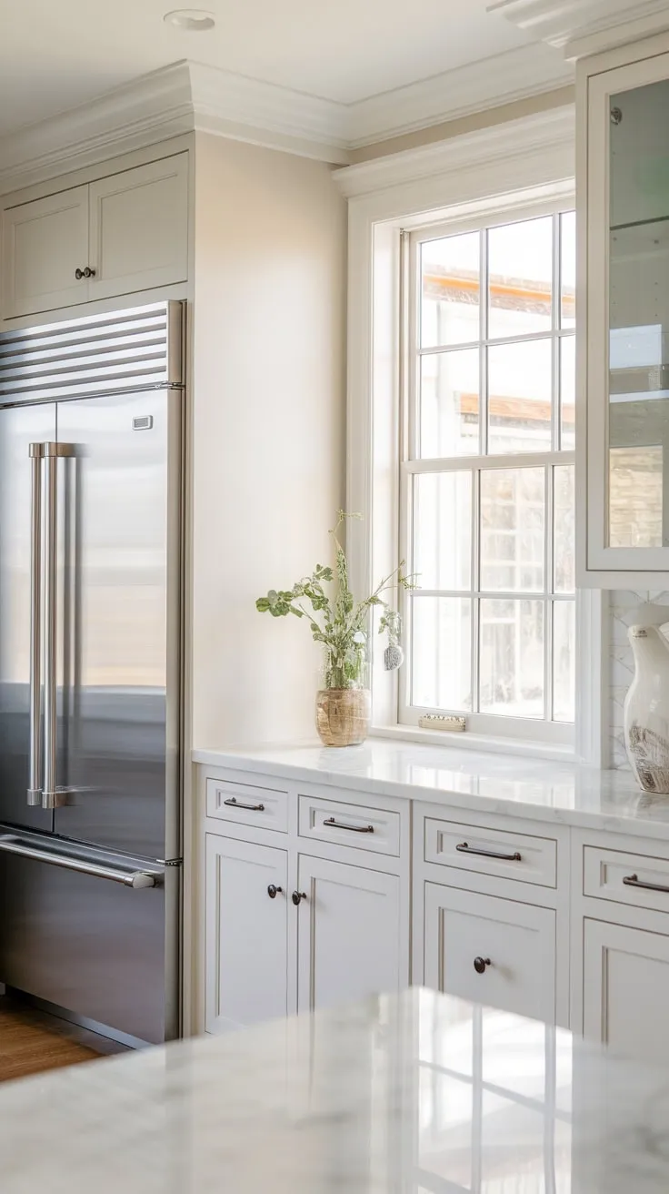 A modern white pantry boasts a window, large fridge, pocket door, and marble countertops, adding stylish storage to any kitchen.