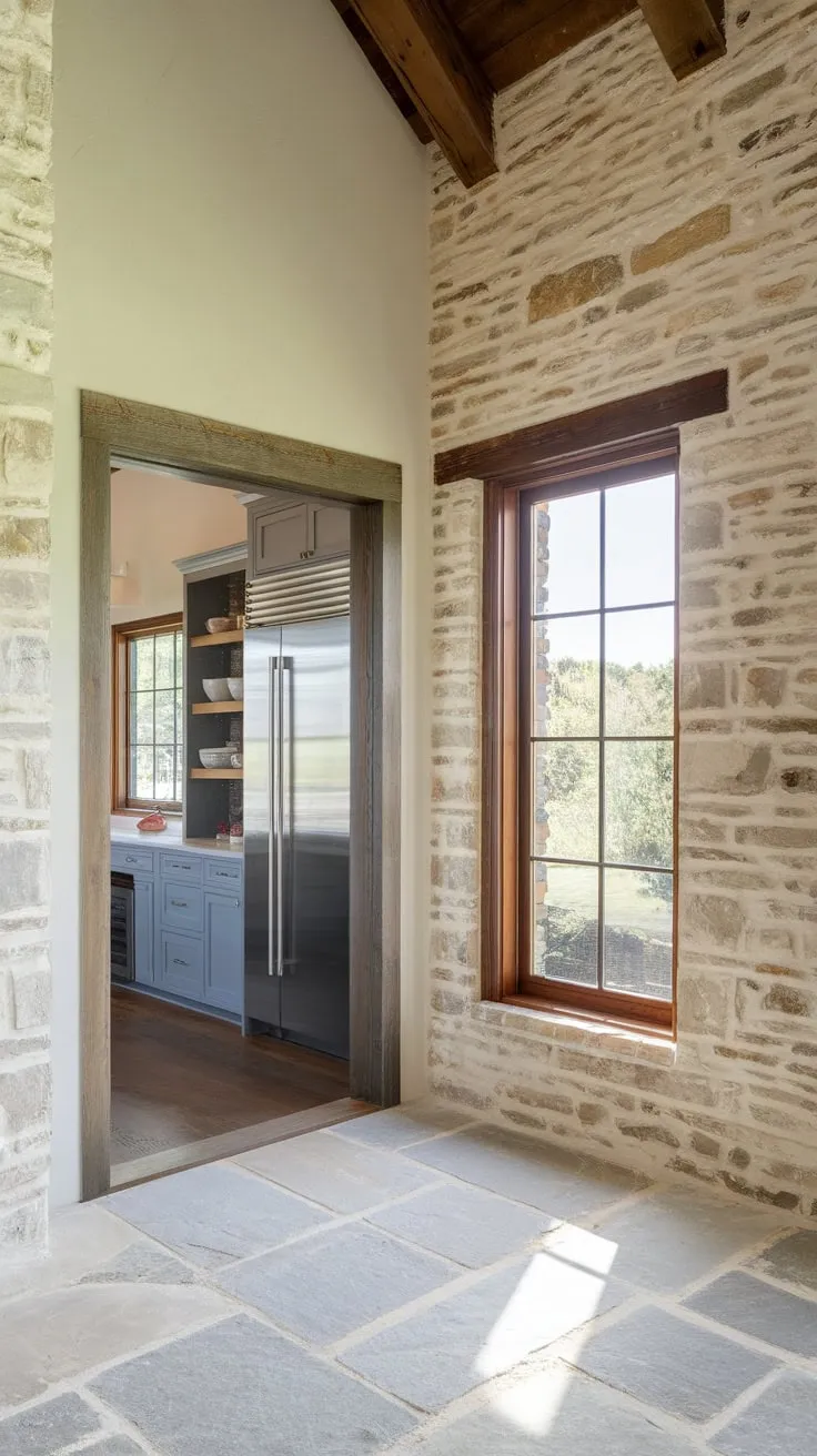 A new-build pantry with a window offers rustic charm through stone walls, a wood ceiling, and convenient kitchen access.