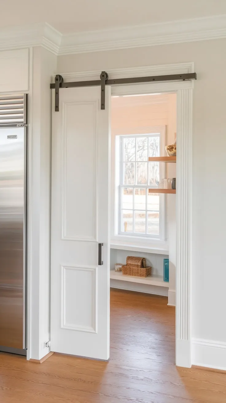 Sunlight streams into a spacious new-build pantry featuring a window, wood floors, a large fridge, and a discreet pocket door.