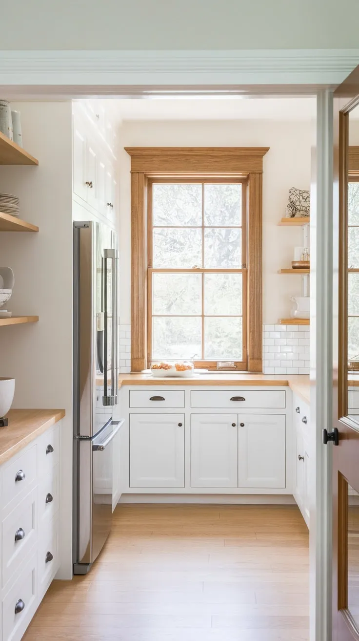 Sunlight streams into a new-build pantry featuring white cabinets, a wooden countertop, and a window above a large fridge, creating a bright and functional space.