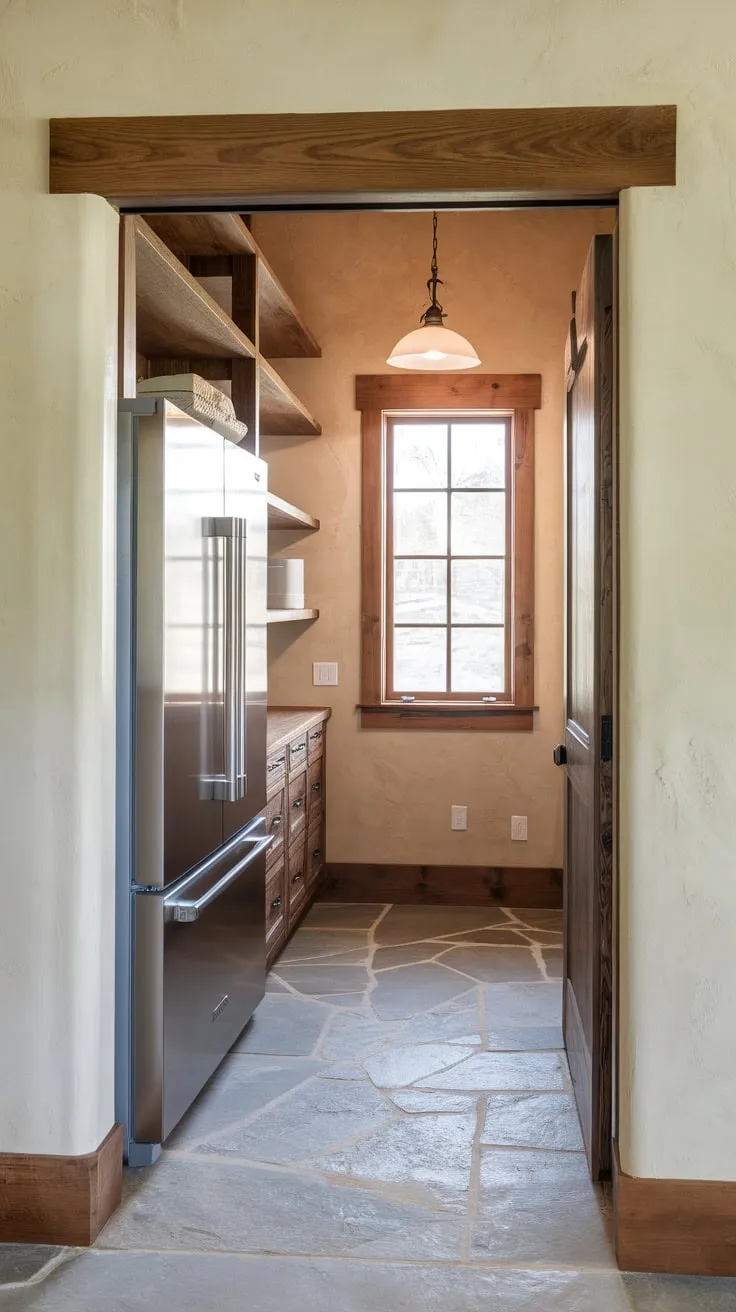 A new-build kitchen's inviting pantry features a window, rustic wood shelving, and a stone floor, enhanced by a pocket door and ample fridge space.