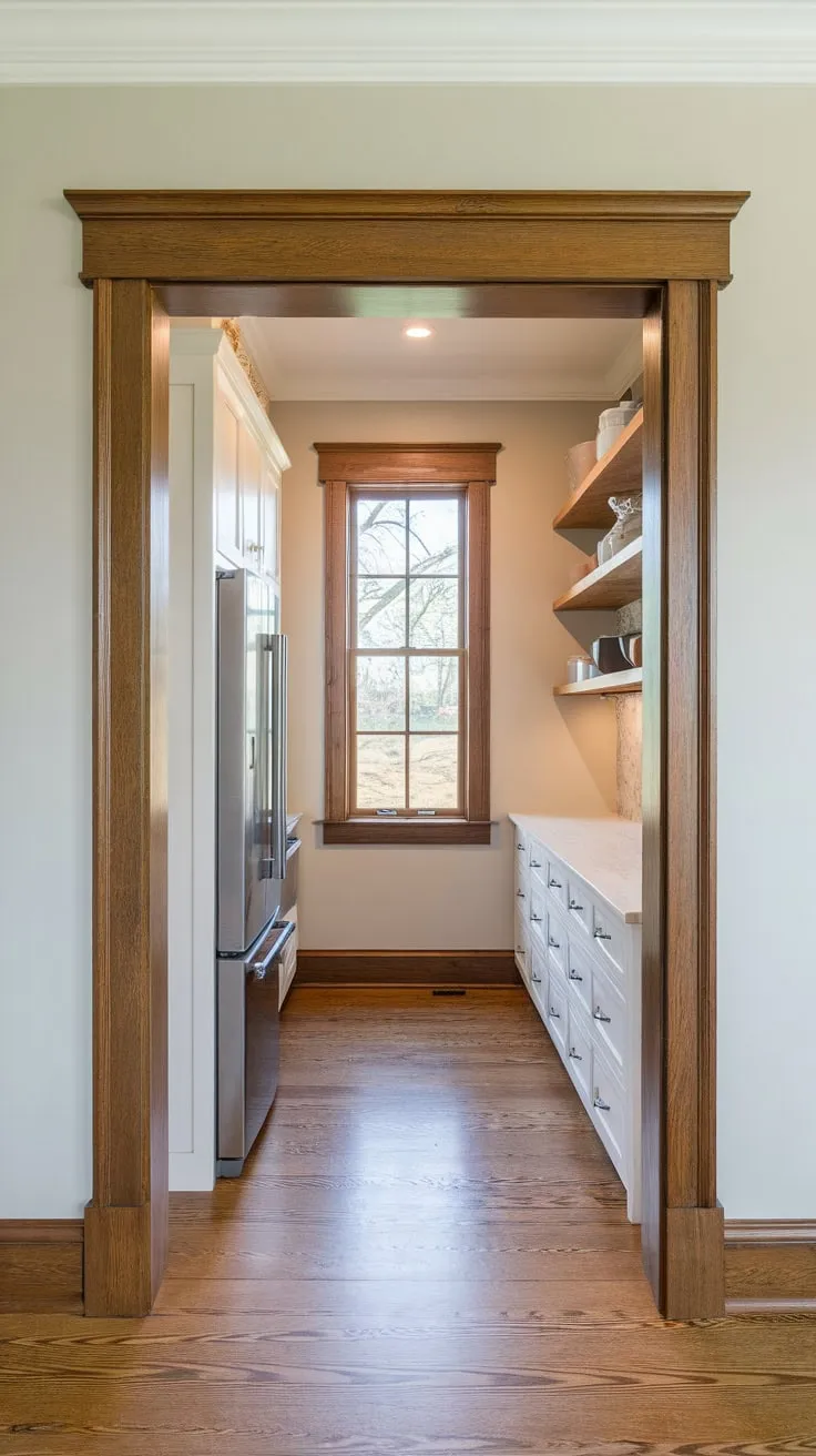 A bright, spacious butler's pantry with a window, wooden floors and trim, and ample shelving offers convenient storage and a second refrigerator in a new home