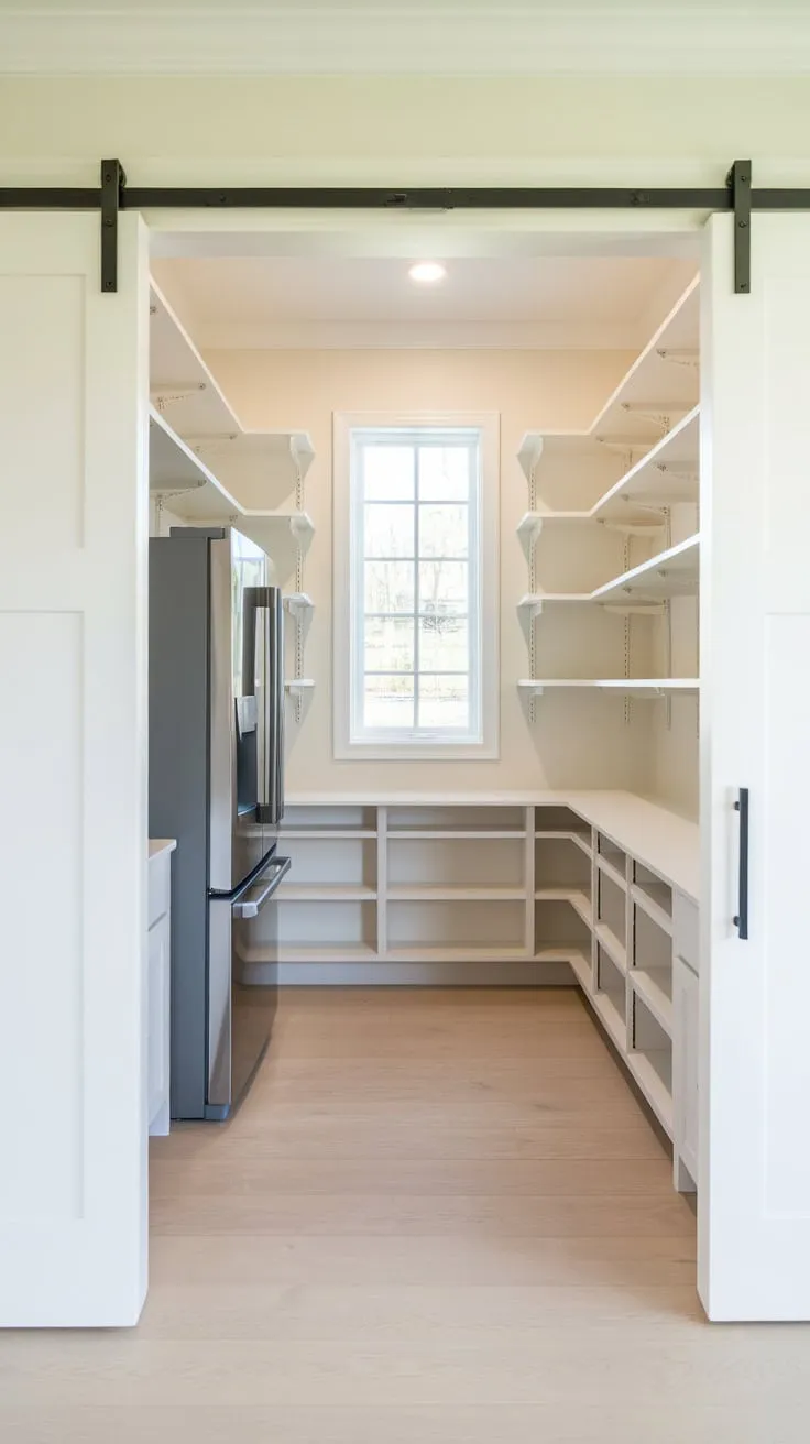 Sunlight streams into a spacious new-build pantry featuring a window, pocket door, and light wood floors.