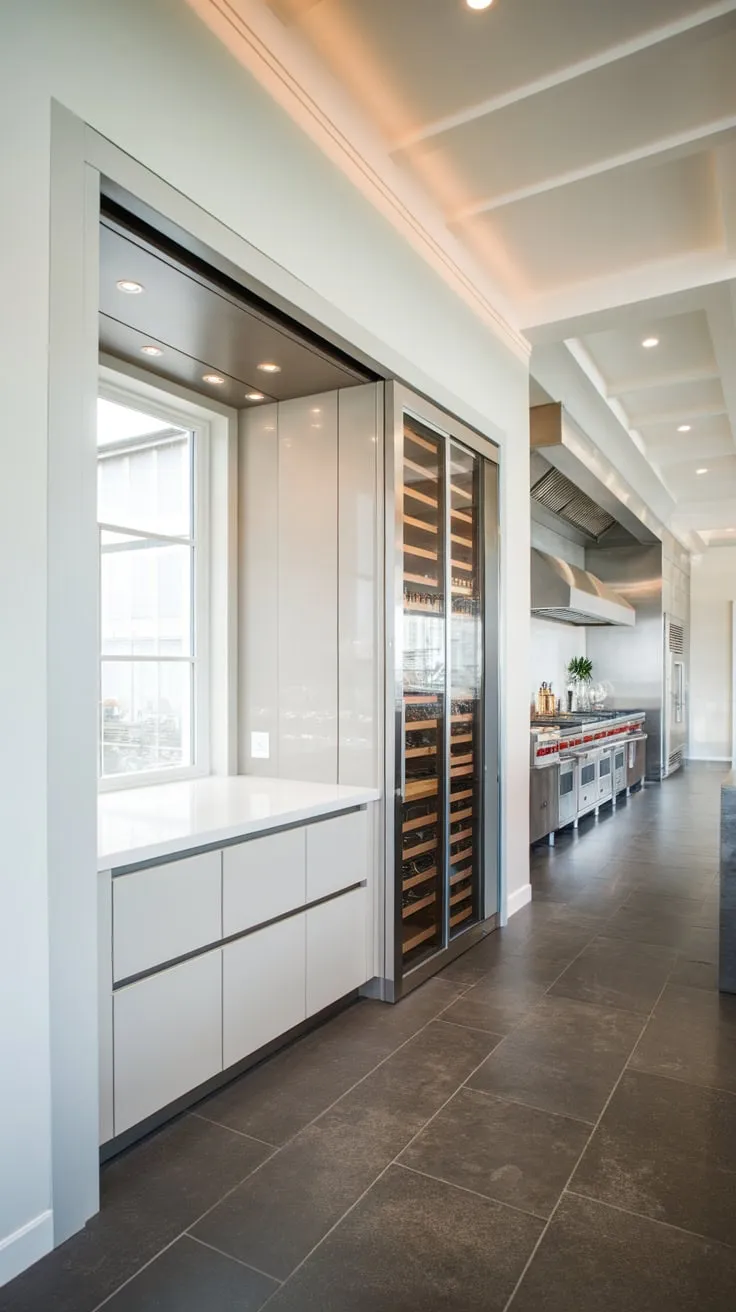 Sunlight streams into a spacious modern kitchen through a glass-paned pantry door, enhancing its sleek white design and industrial aesthetic.