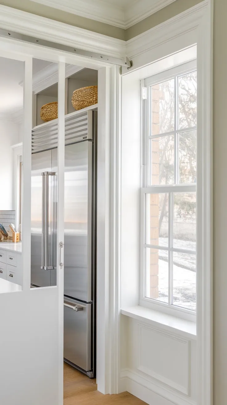 Sunlight streams into a well-designed pantry featuring a large fridge, pocket door, and charming window trim, creating a bright and airy extension of the kitchen.