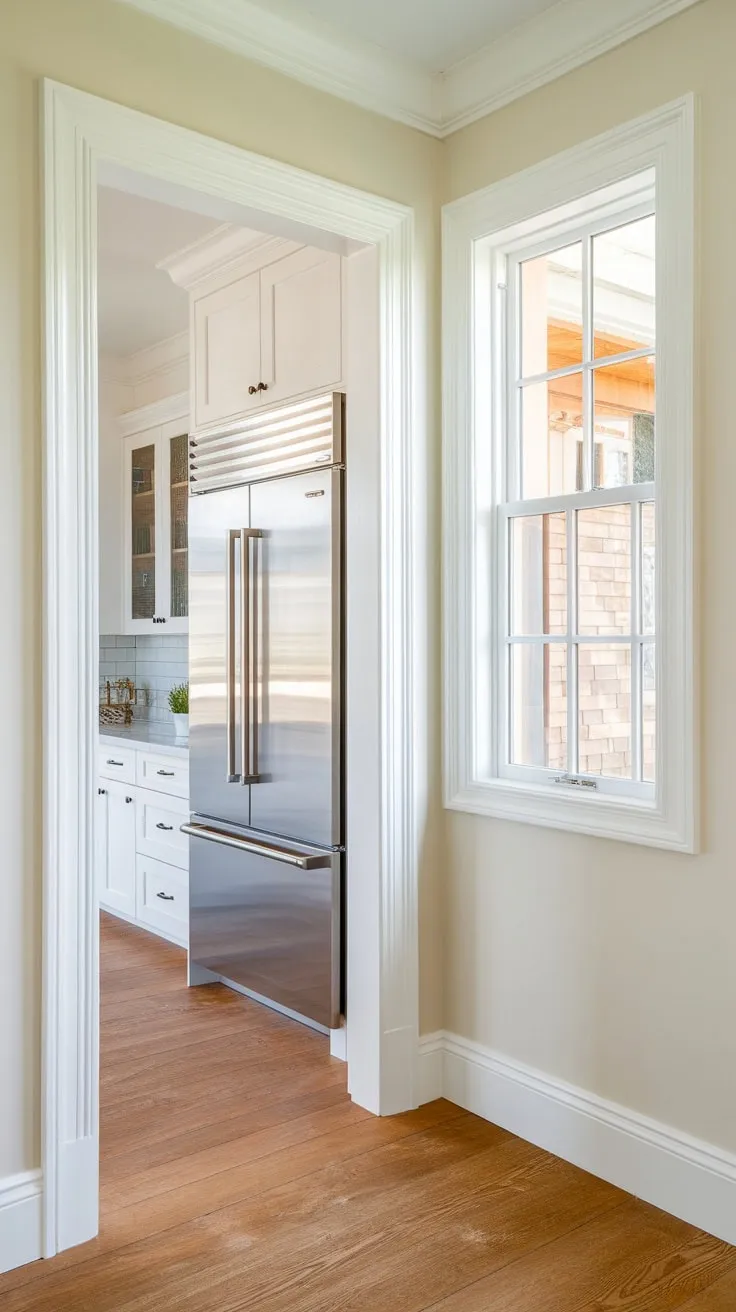 Sunlight streams into a stylish new-build pantry featuring a large fridge, wood floors, and a convenient pocket door to the kitchen.