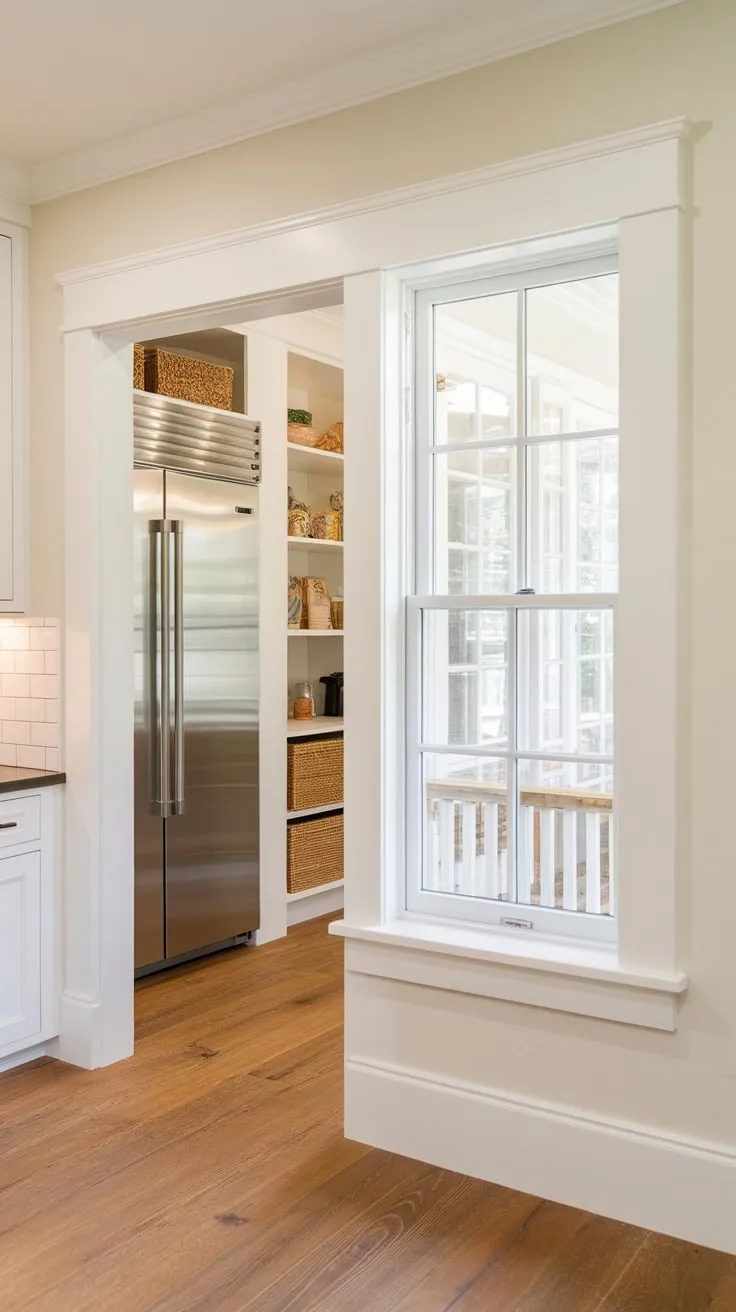 A charming rustic pantry boasts a window, pocket door, fridge, and wood-plank floors, adding delightful character to any kitchen.