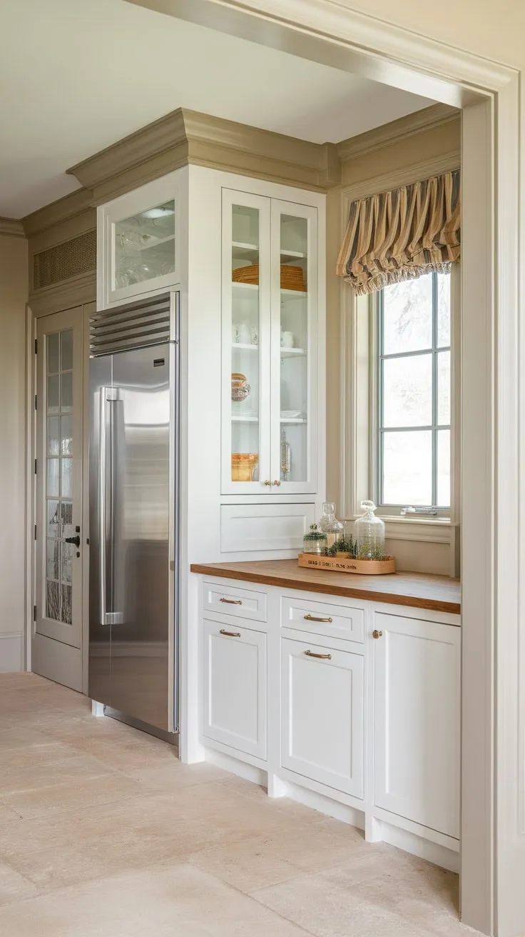Dreamy pantry design features a window, beige tones, and sleek stainless steel fridge, perfectly blending form and function.