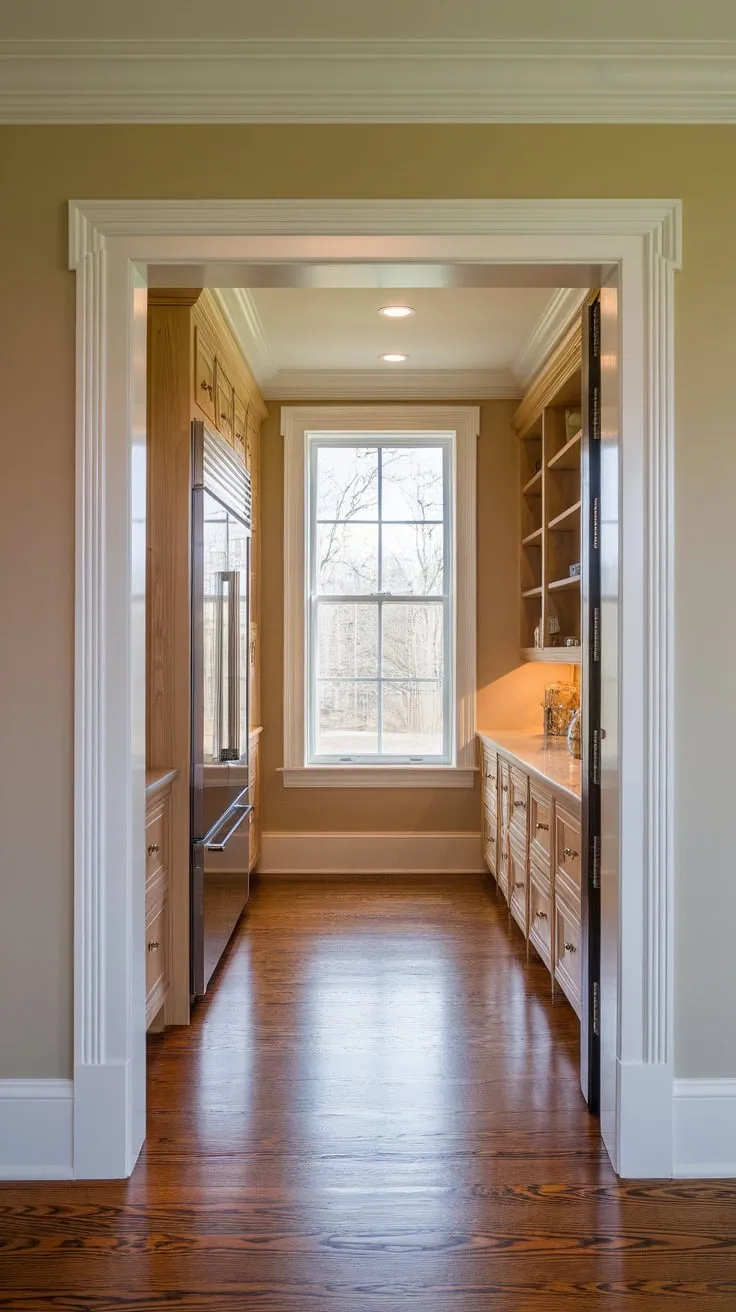 A sunlit butler's pantry boasts a fridge, wooden floors, and white trim, creating a warm and inviting space off the kitchen