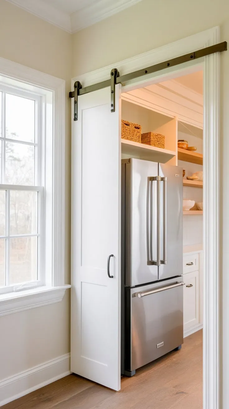 A bright, efficiently designed pantry boasts a window, pocket door, ample shelving, and a large fridge.