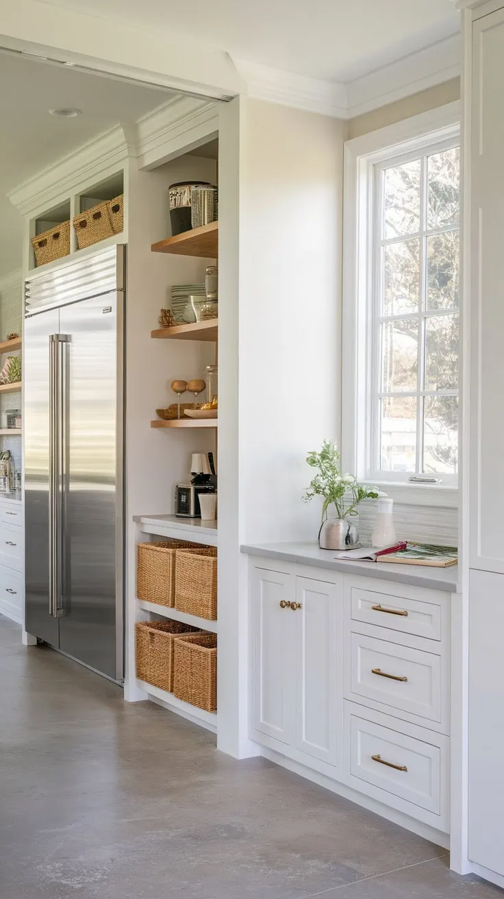 A bright modern pantry boasts a window, large fridge, pocket door, and clean white aesthetic.