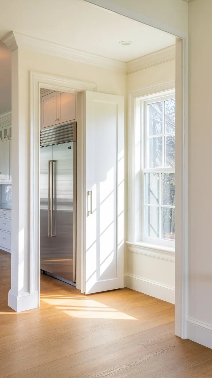 Sunlight streams into a clean, functional pantry featuring a large fridge, pocket door, and wood floors.
