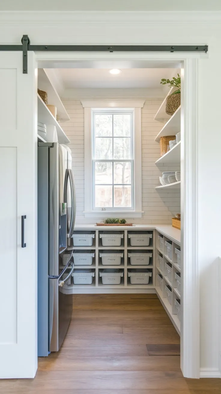 A bright white pantry with a window, pocket door, fridge, ample shelving, and wood floors offers efficient kitchen storage.
