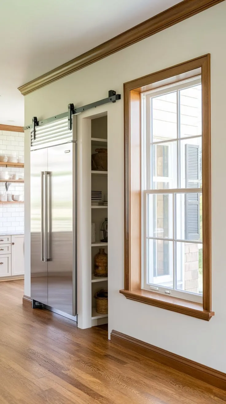 A bright, well-organized pantry boasts a window, large fridge, pocket door, and wooden floors, creating efficient kitchen storage.