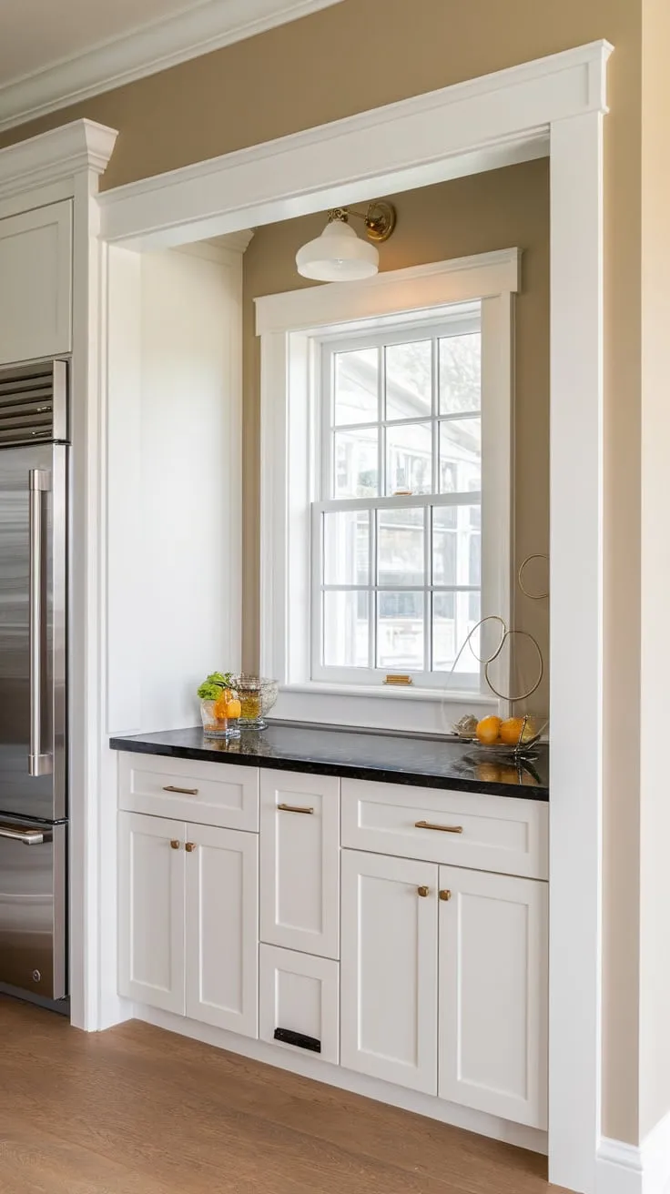 A modern white pantry boasts a window, black countertops, and a pocket door, maximizing space and light in a stylish kitchen addition