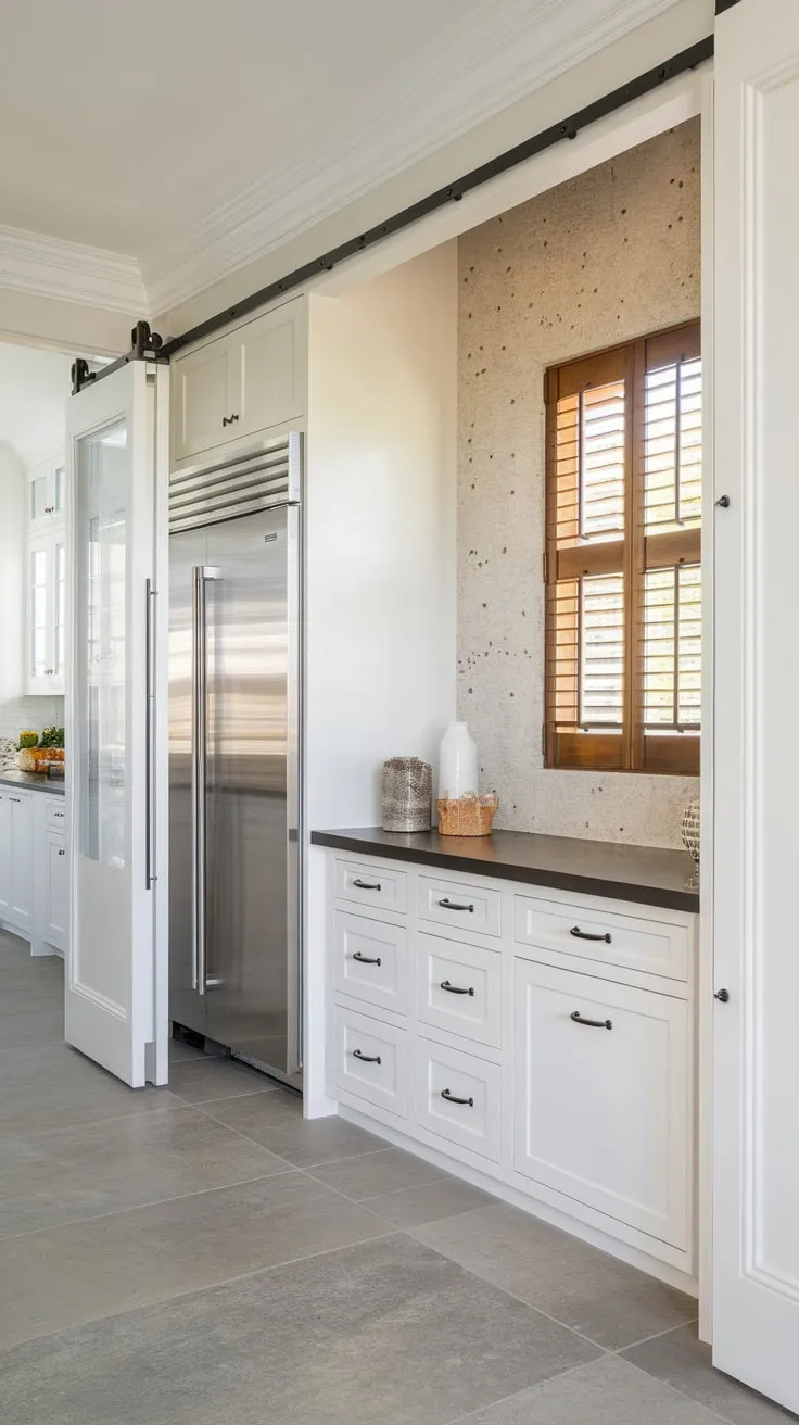 A modern butler's pantry boasts a window with wooden shutters, grey tile floors, and a clean design featuring white cabinets, a dark countertop, and a large refrigerator accessible via a pocket door.