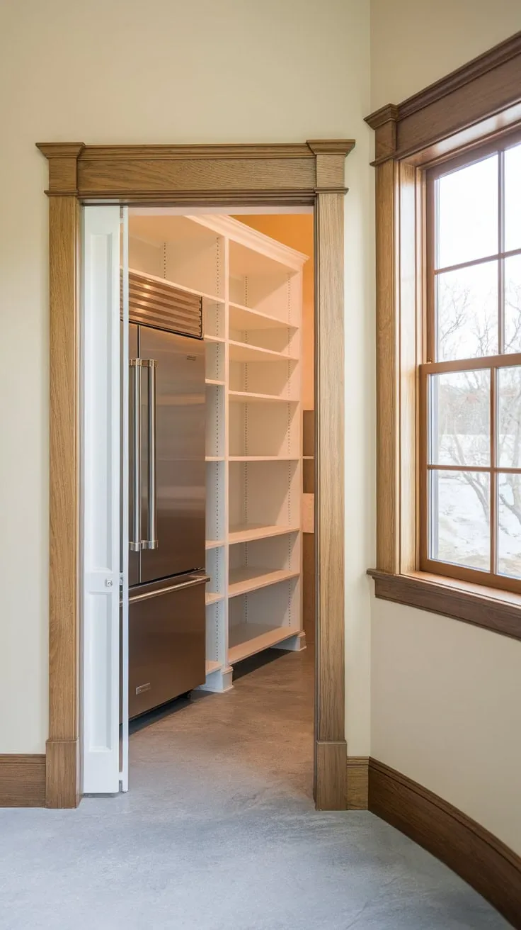 A bright beige-walled pantry with a window, gray floor, wooden trim, ample shelving, a large fridge, and a pocket door offers convenient kitchen storage.