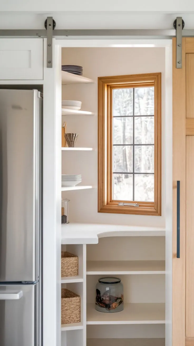 A bright, functional modern pantry features a window, built-in fridge, and pocket door, offering efficient storage solutions adjacent to the kitchen.