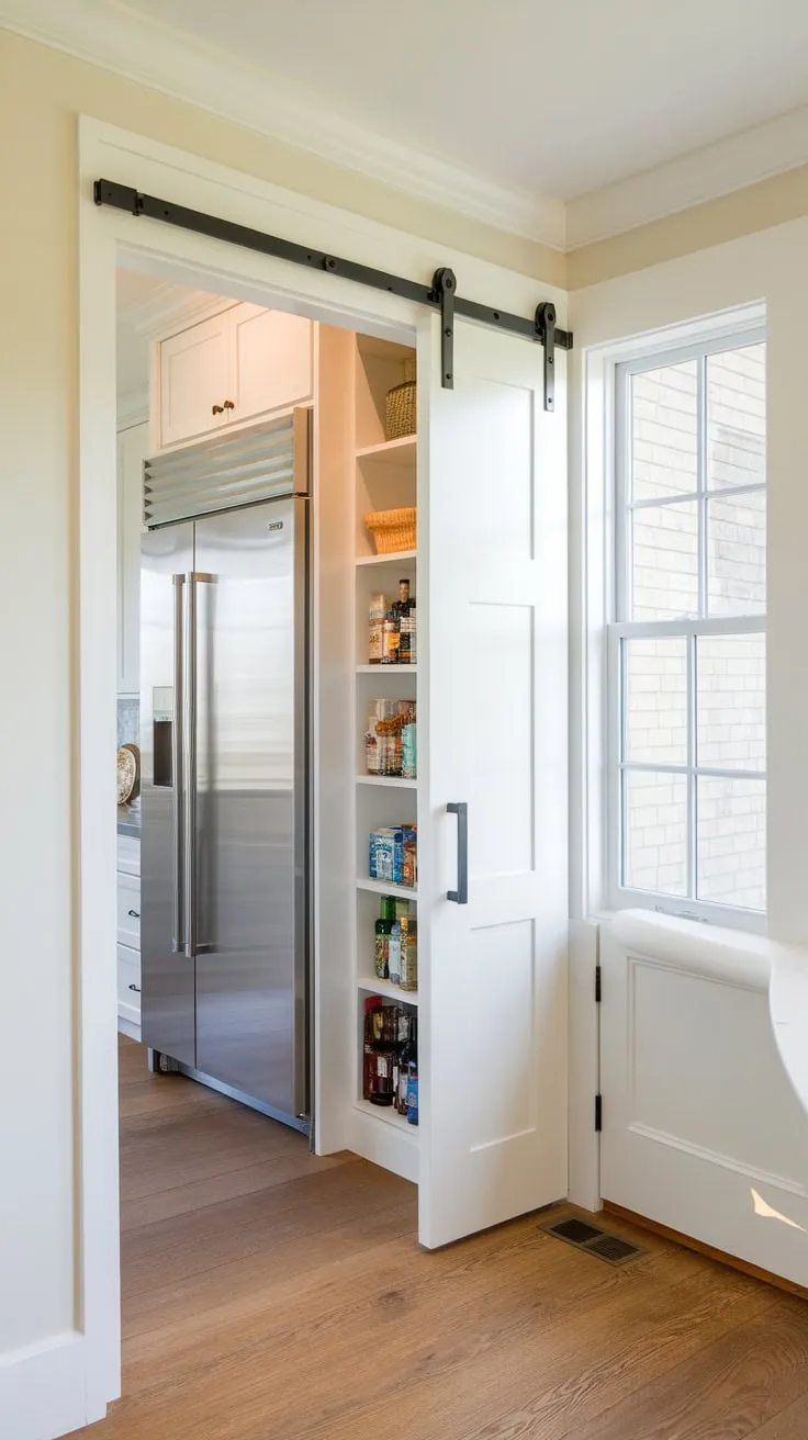 A bright white pantry with a window, wood floors, ample shelving, a large fridge, and a pocket door seamlessly connects to the kitchen.