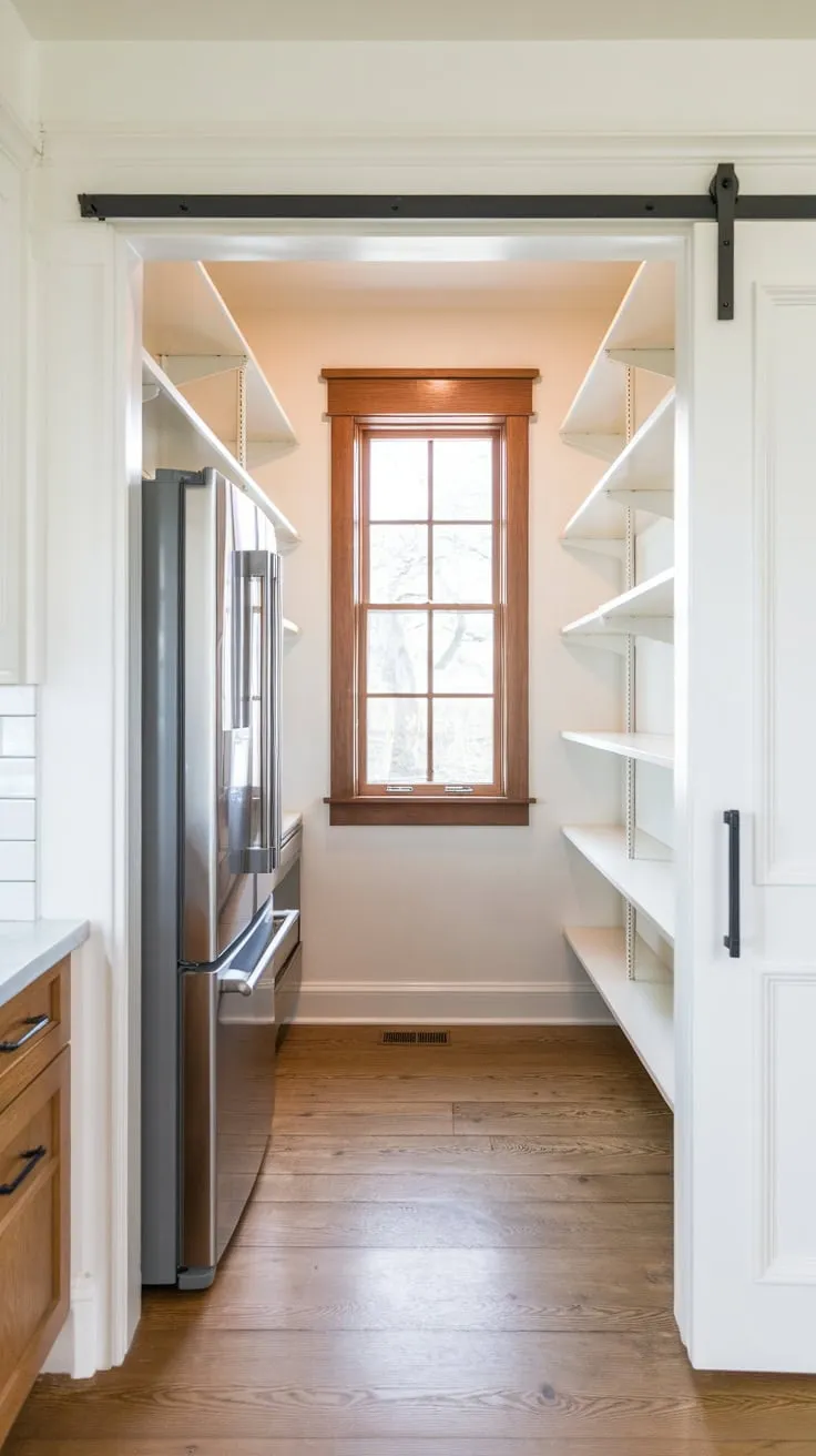 Sunlight streams into a spacious white pantry featuring a stainless steel fridge and convenient pocket door access from the kitchen.