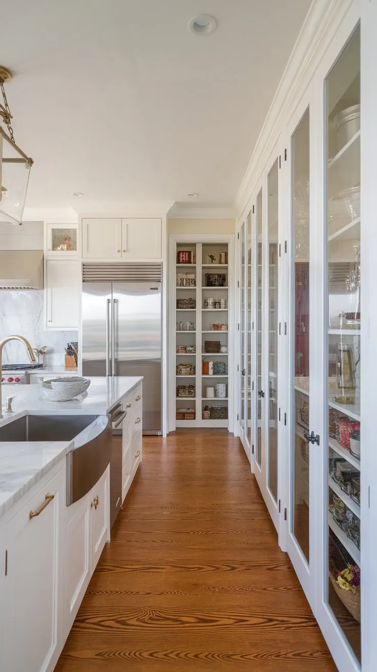 A long, glass-doored pantry adds ample storage to a bright, open-plan kitchen featuring white cabinets and wood floors.