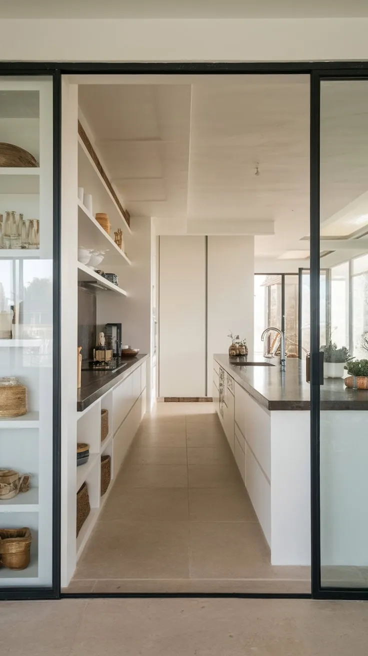 A narrow pantry with a glass door complements the white cabinets and dark countertops of a minimalist, open-concept kitchen.