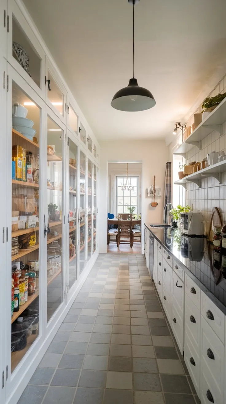 A long, narrow pantry with glass doors showcasing its contents beautifully complements the stylish white and black kitchen design.