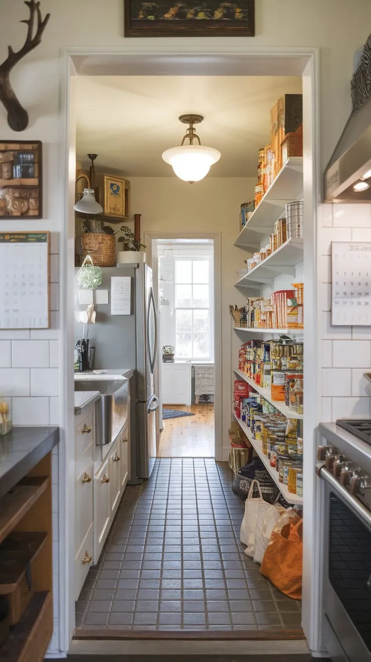 A well-lit pantry adds efficient storage to this stylish open-plan kitchen with stainless steel appliances.