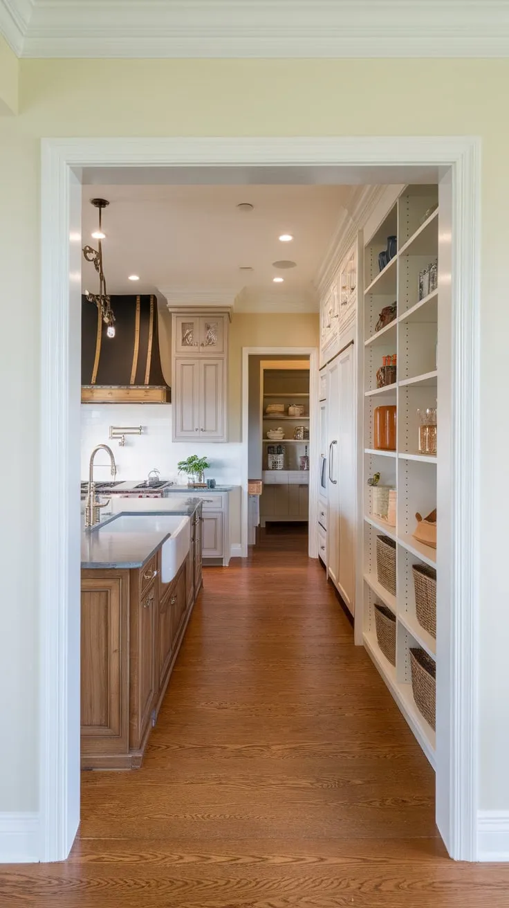 Hardwood floors and ample cabinetry enhance the airy feel of this well-lit kitchen with its dedicated pantry.