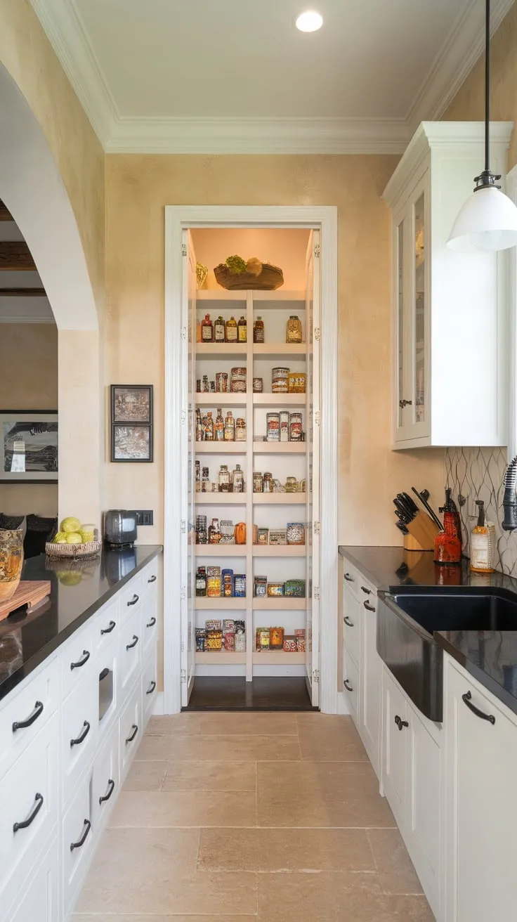 A sleek modern kitchen's glass-fronted pantry, brimming with food, adds a touch of organized charm to the open-plan living space