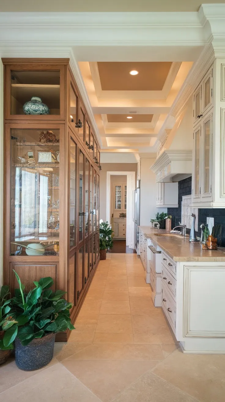 A long, wood-and-glass pantry, showcasing its contents in a stylish open-concept kitchen with white cabinets and beige accents