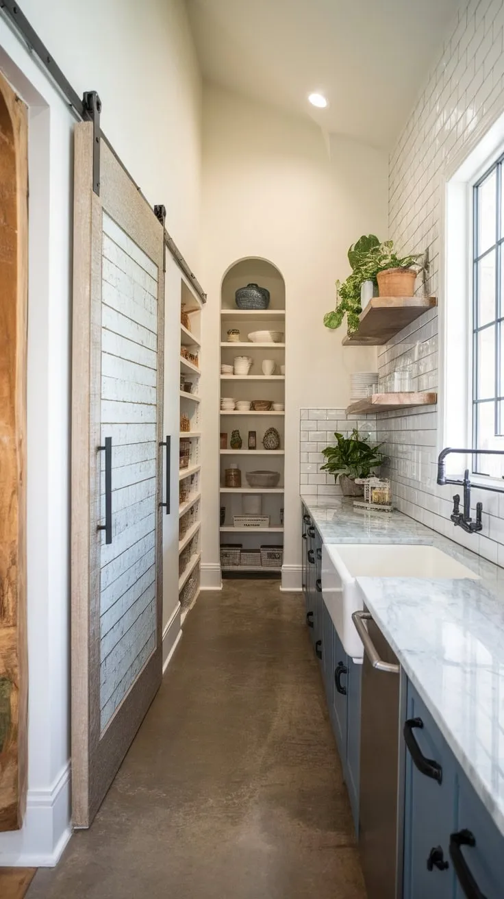 A weathered barn door hides a sleek pantry within a charming rustic-modern kitchen featuring concrete floors and a white subway tile backsplash.