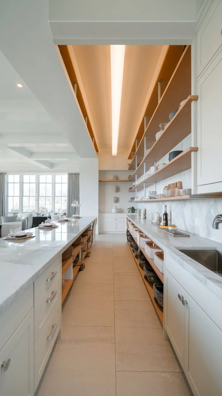 A modern kitchen's minimalist design features a long, wood-shelved pantry seamlessly integrated into the open-plan living space