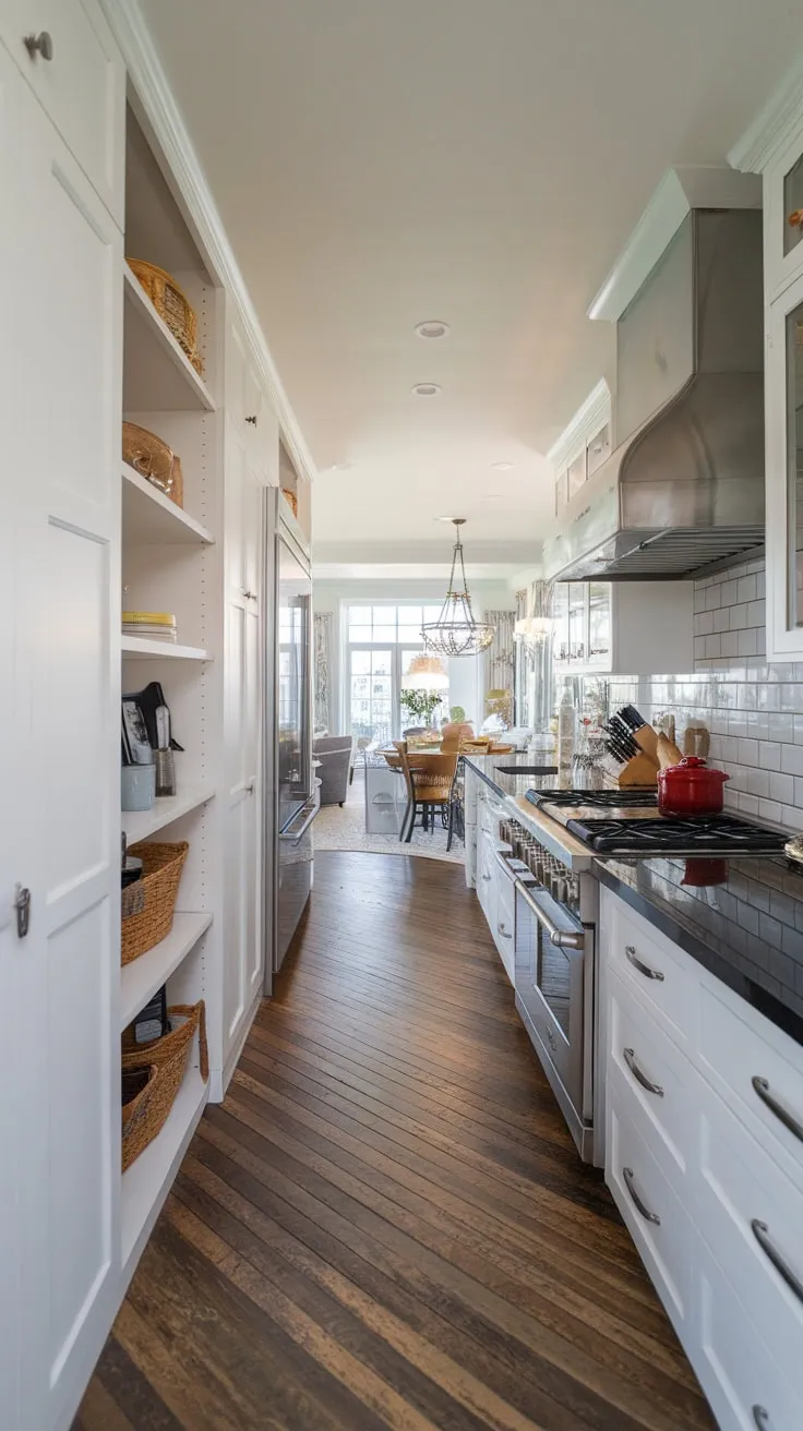 A modern kitchen's sleek design is anchored by a long, narrow pantry tucked discreetly to the side