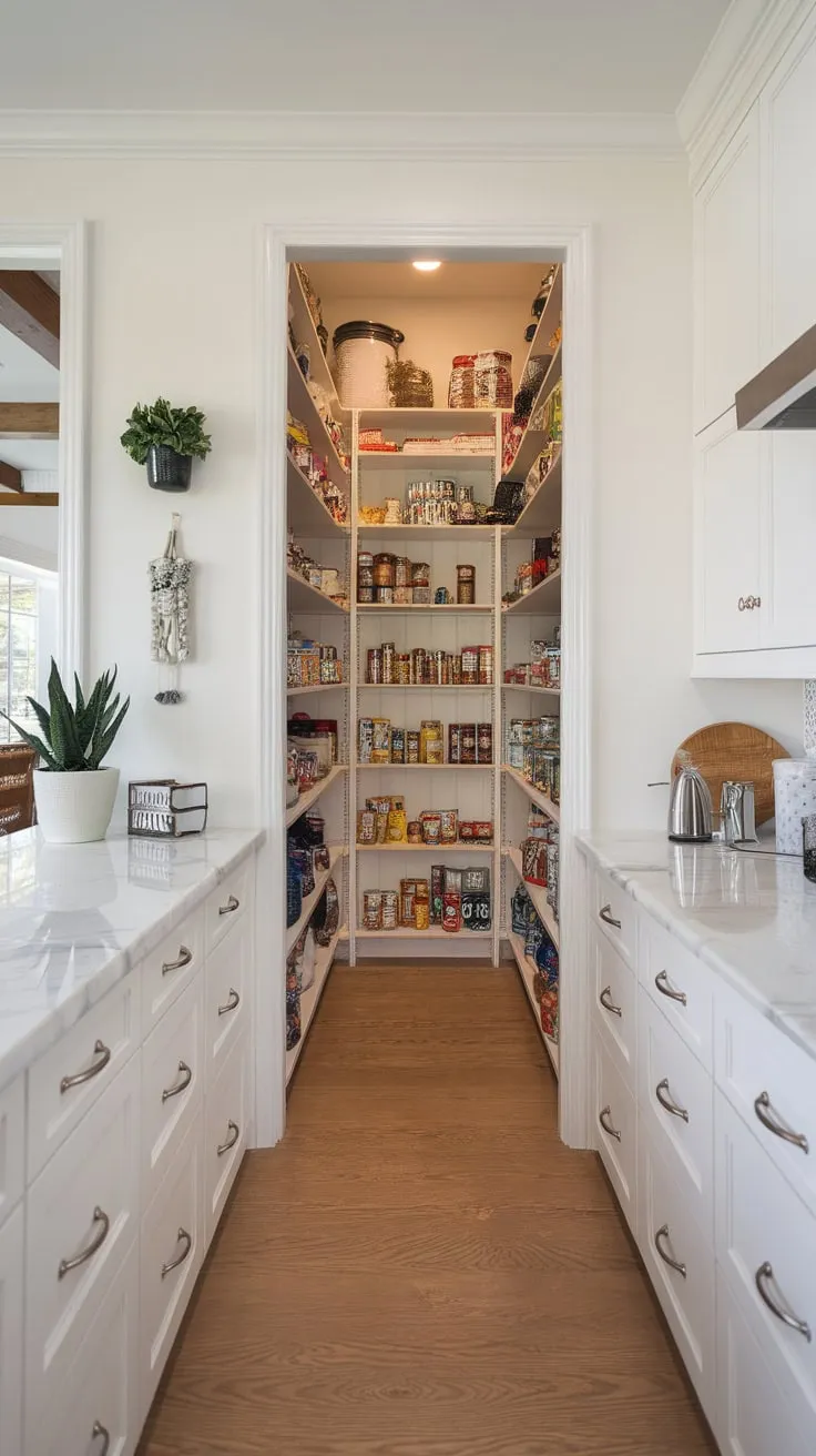 A bright modern kitchen's long, narrow pantry overflows with canned goods and supplies, complementing its stylish white cabinetry and wood floors