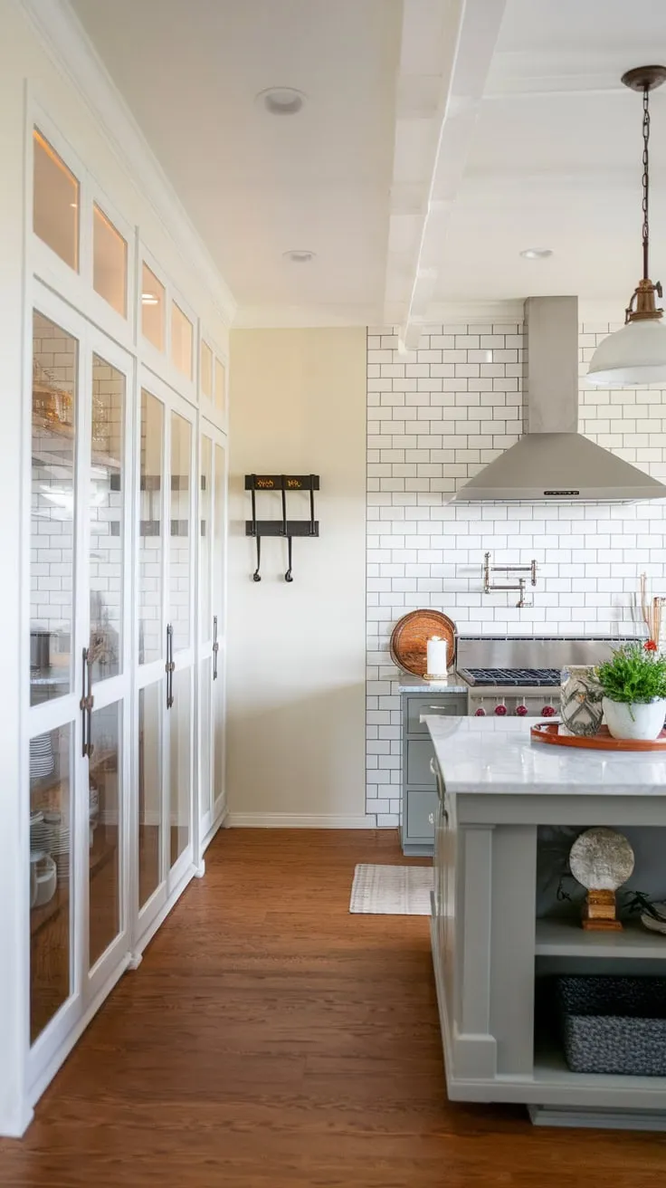 Glass-fronted pantry storage enhances the charming open-concept kitchen's farmhouse aesthetic.