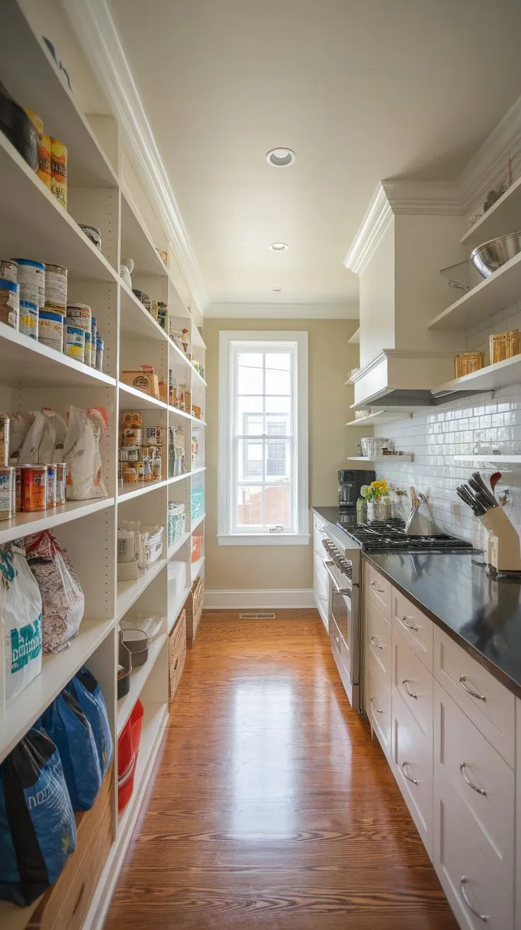 A sunlit, narrow pantry brimming with supplies complements a sleek modern kitchen's hardwood floors and stainless steel appliances