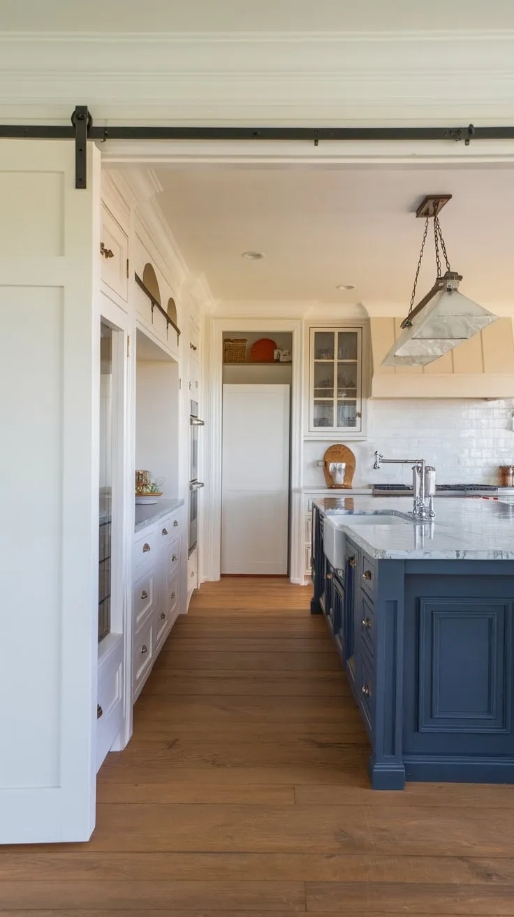 A sleek kitchen with a dark blue island and marble countertops is complemented by a long, narrow pantry tucked discreetly away