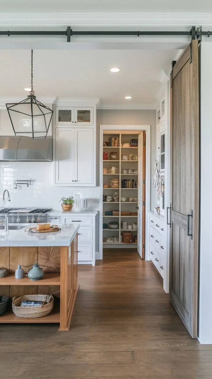 A long, accessible pantry complements a bright, marble-topped kitchen in an open-plan design.
