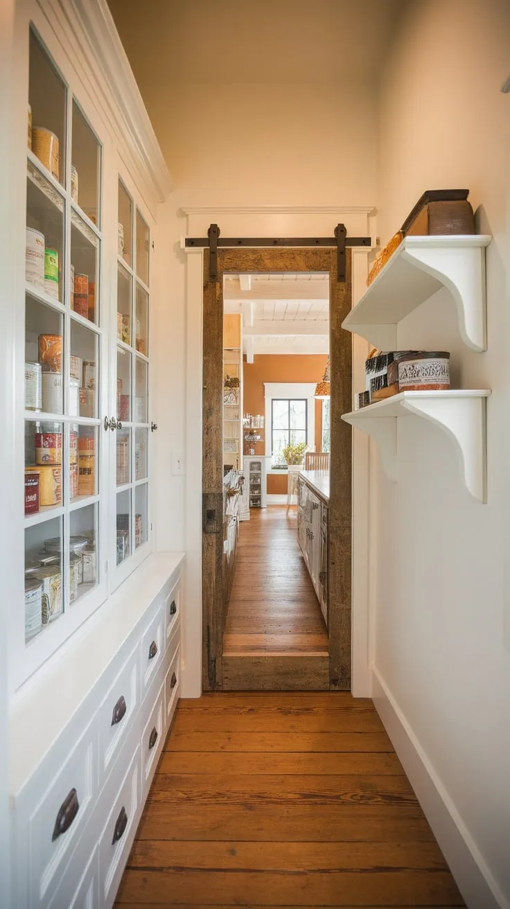A rustic white pantry bathed in sunlight offers efficient storage and a touch of country charm.