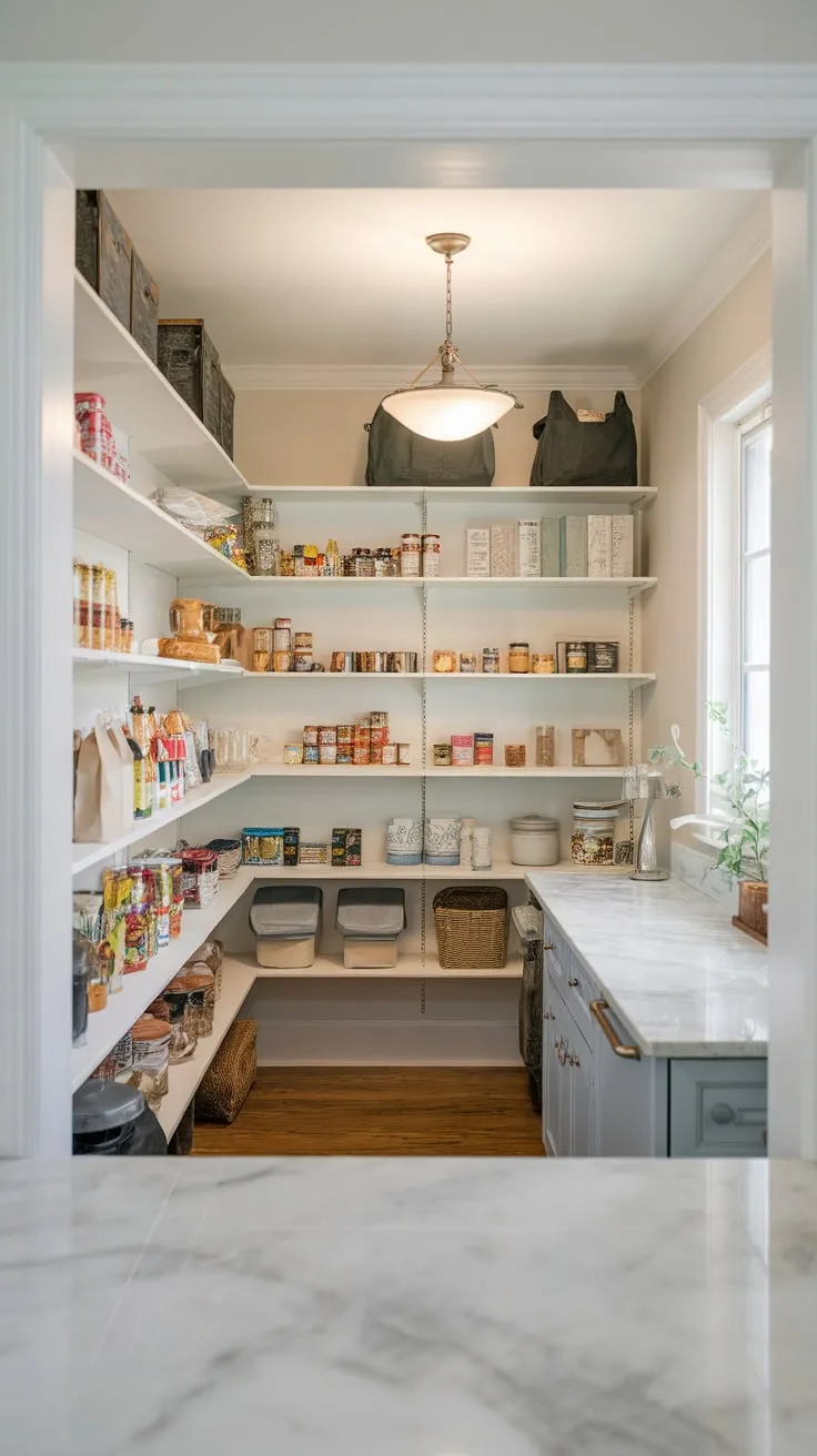 A remodeled kitchen's long, narrow pantry, brimming with organized goods, adds efficient storage to the open floor plan