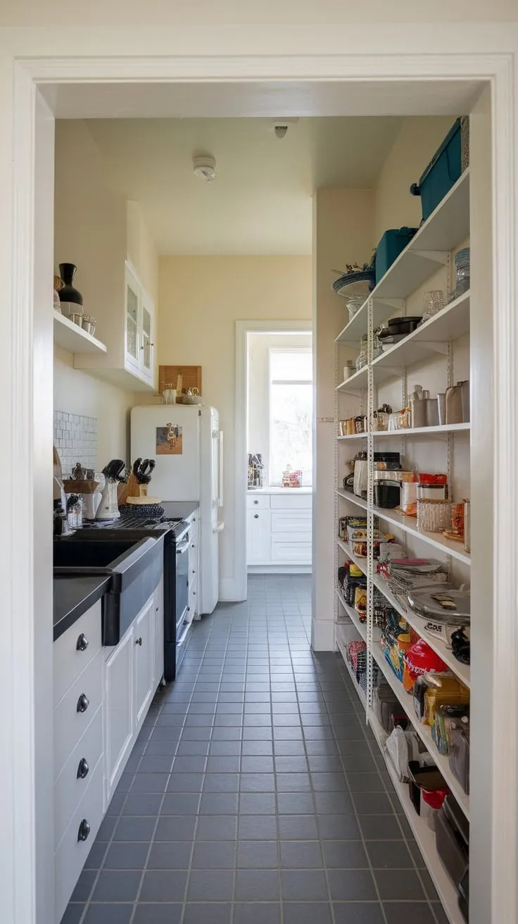 A sleek modern kitchen's long, narrow pantry, stocked with essentials, complements its stylish black and white design