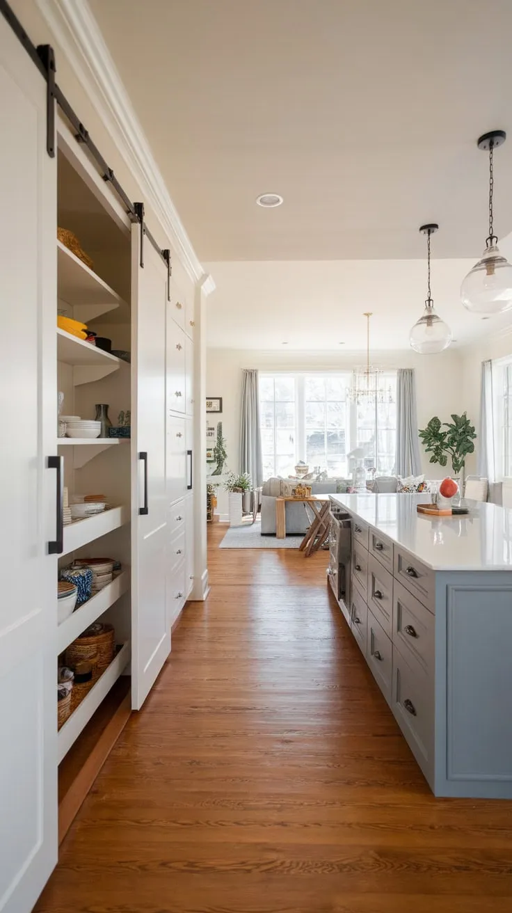 A sleek modern kitchen's long pantry, tucked discreetly behind a sliding door, adds efficient storage to its open-plan design