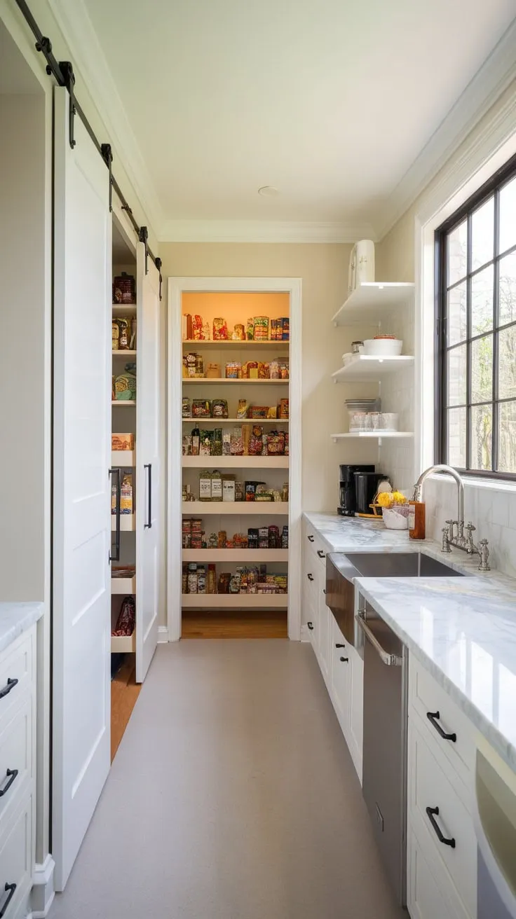 A modern kitchen's sleek design is complemented by a well-stocked, long narrow pantry accessed via a sliding door